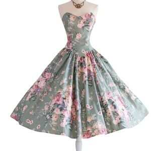 VTG 80s drop basque waist floral strapless cotton dress 50s inspired cottage 4